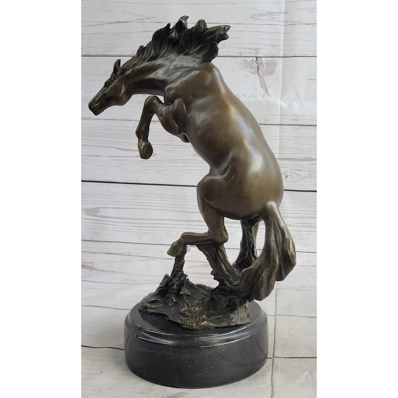 Rearing Horse Bronco Stallion Bronze Statue Sculpture Figure Marble Base 12 Inches X 9.5 Inches