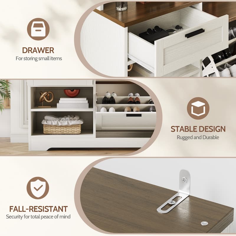 6 in 1 Hall Tree with Bench and Shoe Storage, Entryway Organizer with Flip Shoe Cabinet, Hooks and Drawer