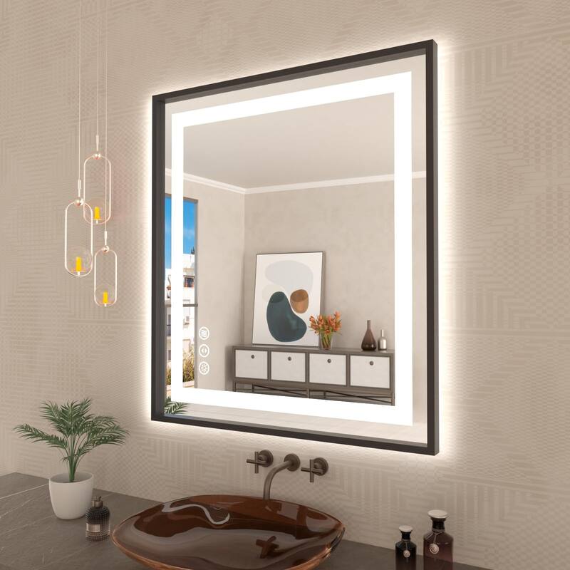 KIOTEE Black Metal Frame Front & Back LED Lighted Anti-Fog Tempered Glass Bathroom Vanity Mirror with ETL and 3 Years Warranty - 36x32
