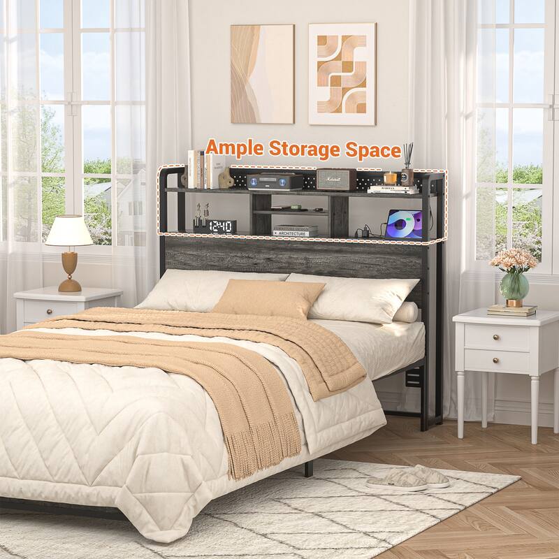 Bed Headboard with Storage Shelf and Charge Station, Height Adjustable Headboard with LED Light