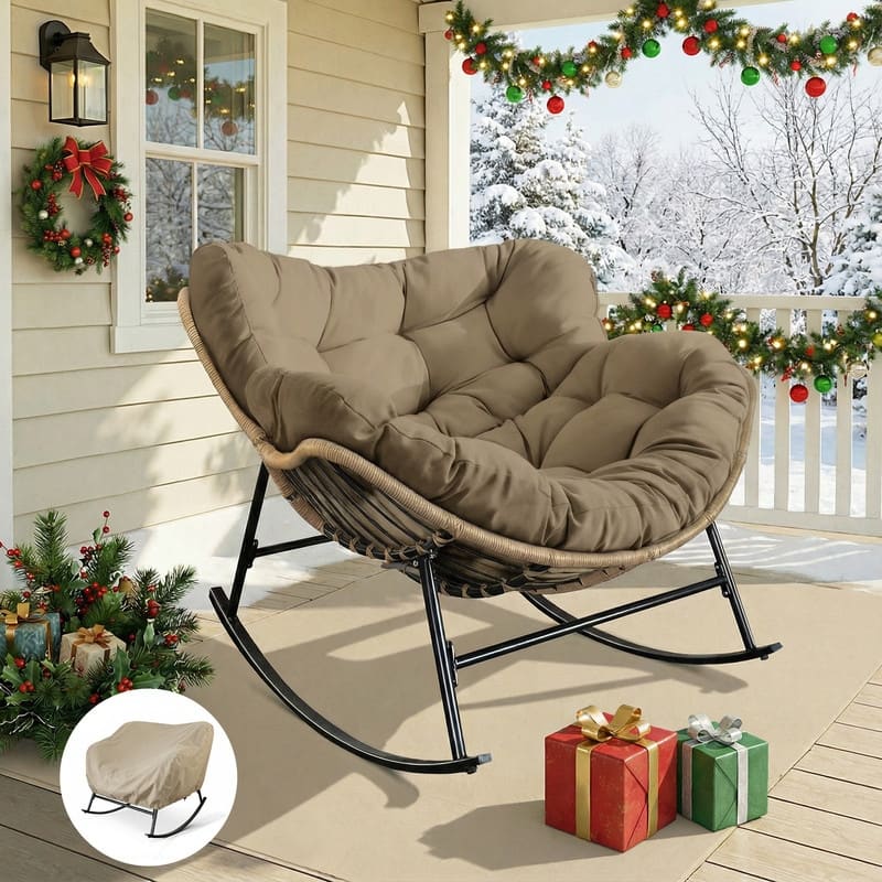 Outdoor Rocking Papasan Chair, Wide Egg Rocking Chair with Thick Padded Cushion, 450 lb Capacity Patio Relaxing Rocker - 1PC-Brown w/ Cover