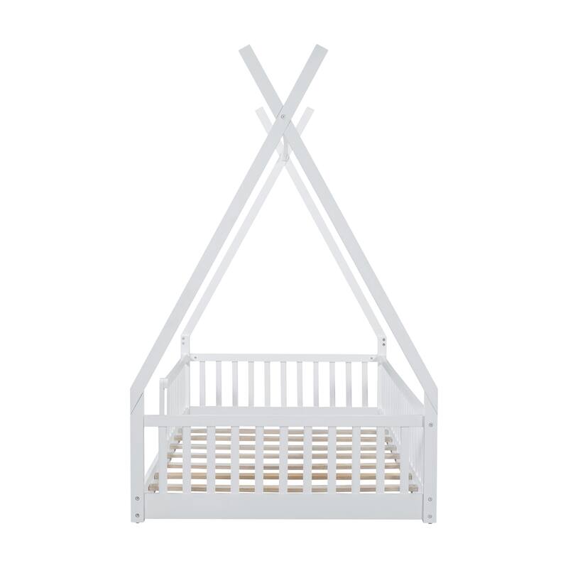 Twin Size Wood House Bed with Fence