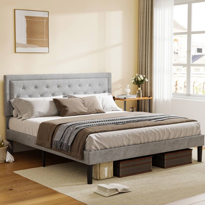 Queen Size Light Grey Bed Frame with Adjustable Border Headboard,The