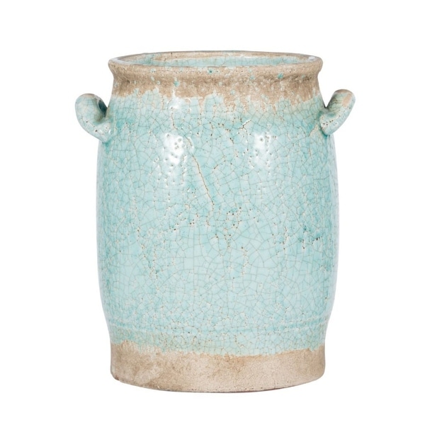 11.75" Sky Blue and Brown Vintage Style Candia Vase with Handle - N/A