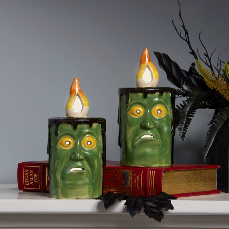National Tree Company 6" Green Halloween Porcelain Candle (Set of 2) - 6 in
