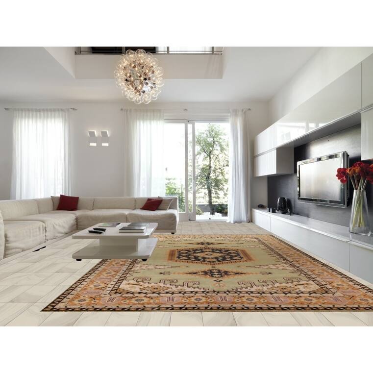 Light Green Geometric Viss Large Indian Rug Hand-Knotted Wool Carpet - 11'10"x 17'11"