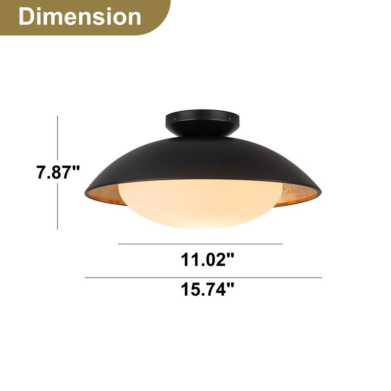 Starsky 1-light 15in. Bowl Ceiling Light Frosted Glass Shade Semi Flush Mount - Black