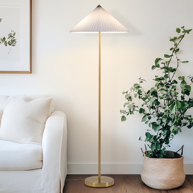 Brightech Sienna 62.5 in Antiqued Brass Mid-Century 2-Light 10W 550Lm 3000K LED Column Floor Lamp With White Linen Empire Shade