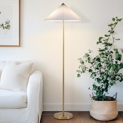 Brightech Sienna 62.5 in Antiqued Brass Mid-Century 2-Light 10W 550Lm 3000K LED Column Floor Lamp With White Linen Empire Shade