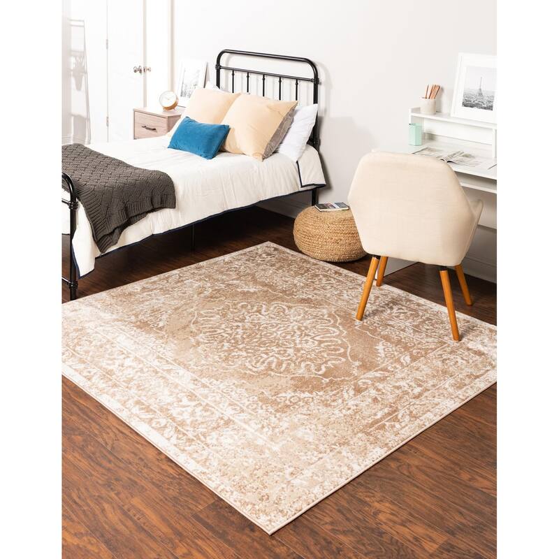 Contemporary Trabzon Collection Area Rug - Beige-Ivory - 7'10" Square