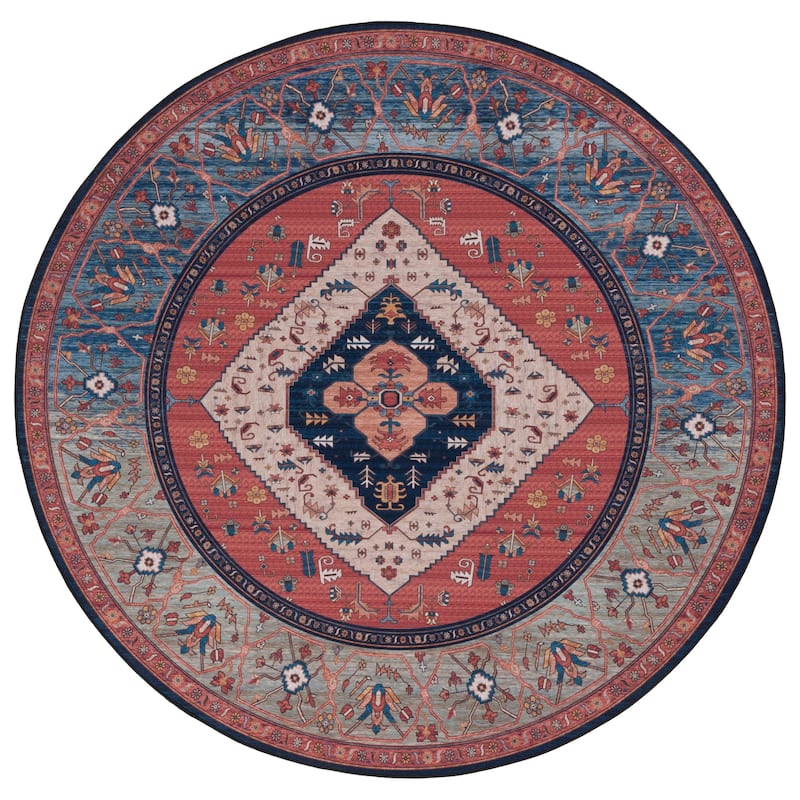 SAFAVIEH Tucson Machine Washable Slip Resistant Ozden Traditional Rug - 6' Round - Rust/Blue