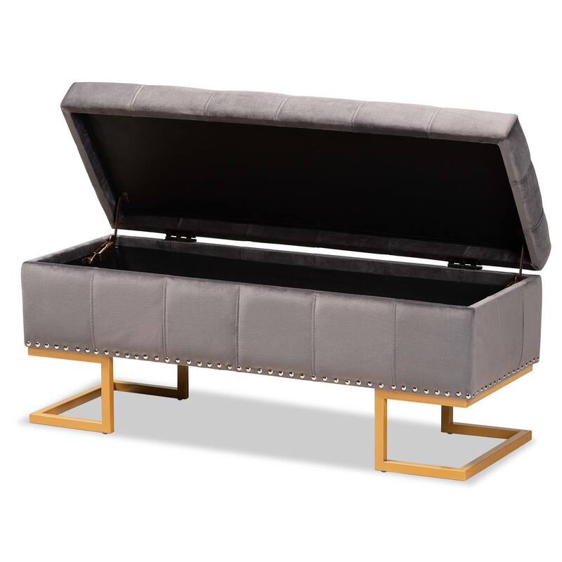Ellery Luxe and Glam Velvet and Gold Finished Metal Storage Ottoman