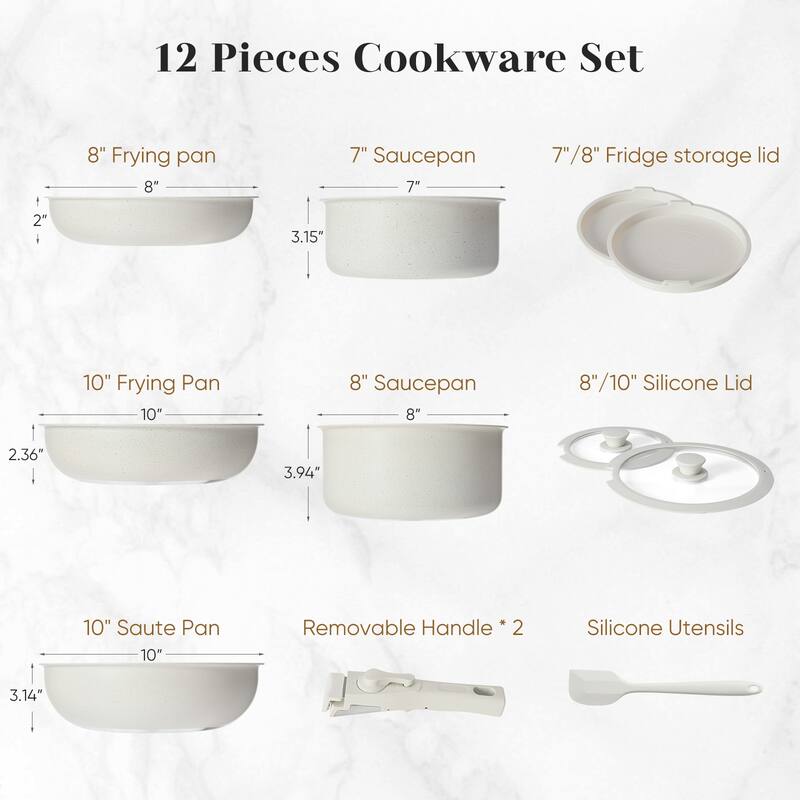 12-Piece Nonstick Pots and Pans Set with Detachable Handle