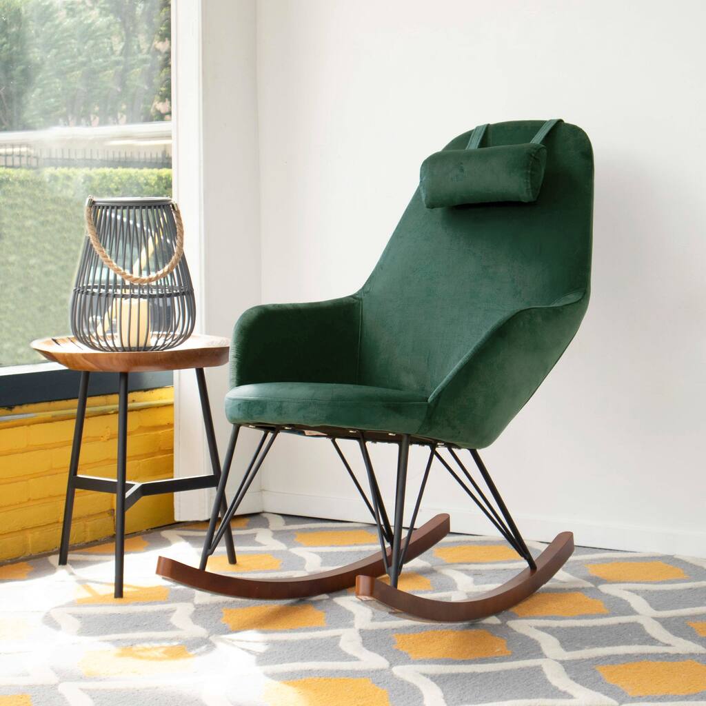 Italia Mid Century Modern Green Velvet Rocking Chair - 43"H x 26"W x 40"D