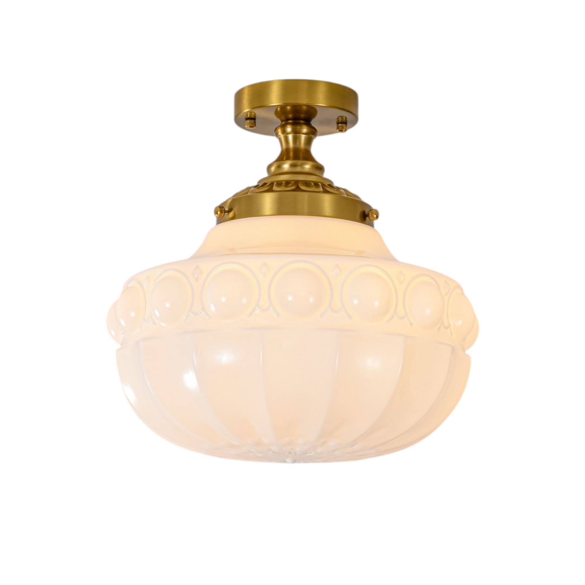 Rennnsan 14 in. 1-Light Vintage Brass Milk Glass Semi-Flush Mount Ceiling Light - 13.8 in. Dia × 14.2 in. H
