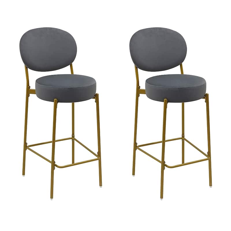 HomeRoots Set of Two 29" Gray and Gold Velvet and Metal Low Back Bar Height Bar Chairs