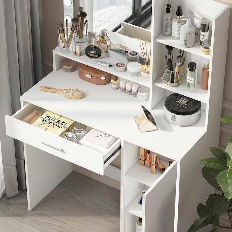 Vanity Desk with Mirror and Lights, Makeup Vanity with Drawer and Storage Shelves, Dressing Table with 3 Lighting Modes