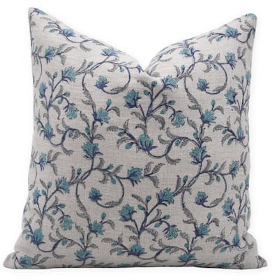 Fabdivine Floral Block Print Thick Linen Pillow Cover for Cozy Fall Home Decorative Blue Throw Cushioncase, Pushp Varsha