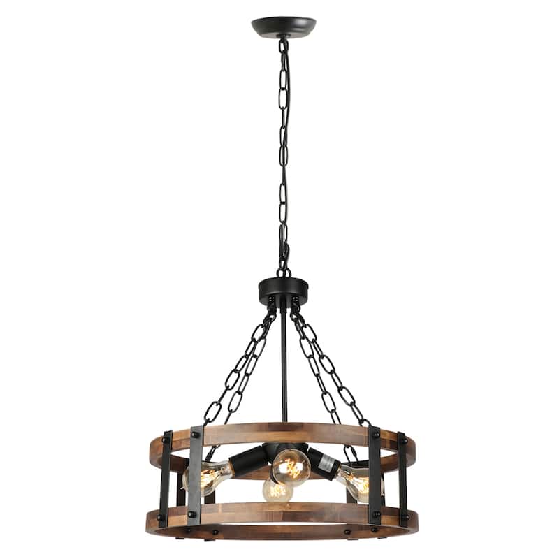 Anmytek Farmhouse Rustic Wood Chandelier 4-Light Drum Chandelier for Dining Room Pendant Hanging Light Fixture