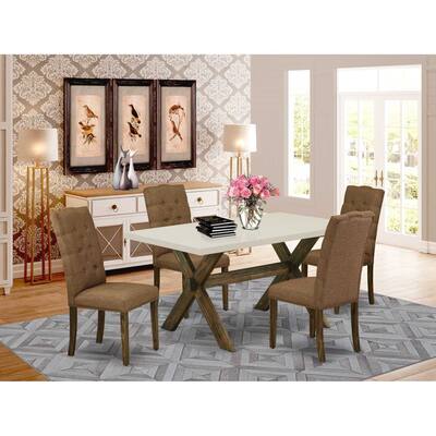 HomeStock 5-Piece Rectangle Distressed Jacobean Finish Solid Wood Top Dining Table with 4 Upholstered-Chairs with Lattice Back