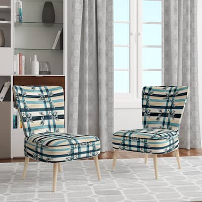 Designart "Nautical Vintage Floral Stripes" Upholstered Plaid Accent Chair Vintage Side Chair - Multiple Color & Pattern