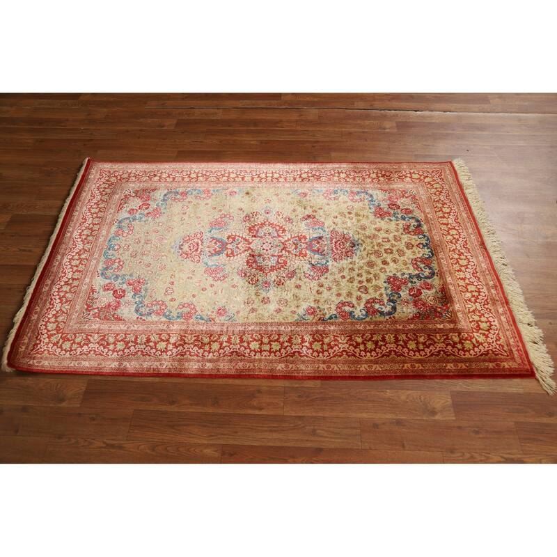 Gold Qum Persian Accent Rug Traditional Handmade Floral Silk Carpet - 3'3"x 5'0"