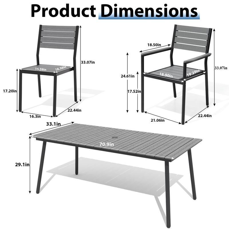 7-Piece Outdoor Patio Dining Set Wood-Like Table Top Alumium Umbrella Hole Table with Stackable Chairs