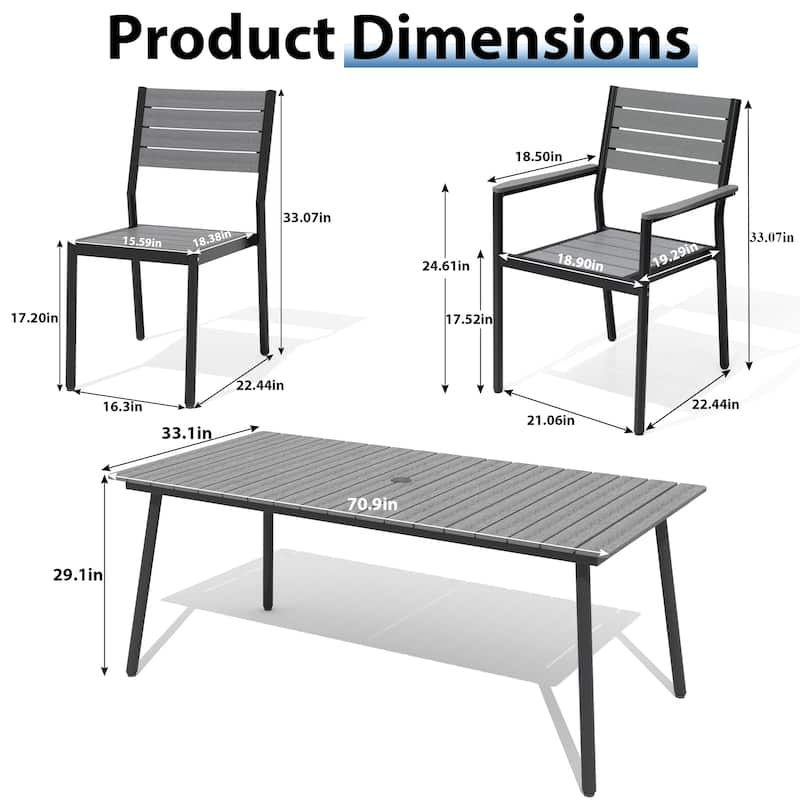 VredHom 7/9-Piece Outdoor Patio Aluminum Dining Table with Stackable Chairs Umbrella Hole