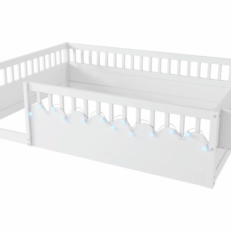 Floor Bed Frame with High Rails, Wooden Kids Floor Bed with Light and Storage Shelf