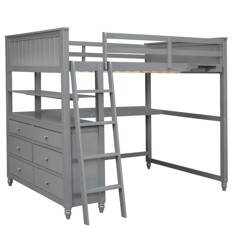Full Size Loft Bed with Desk, Drawers, and Storage Shelves for Maximized Space