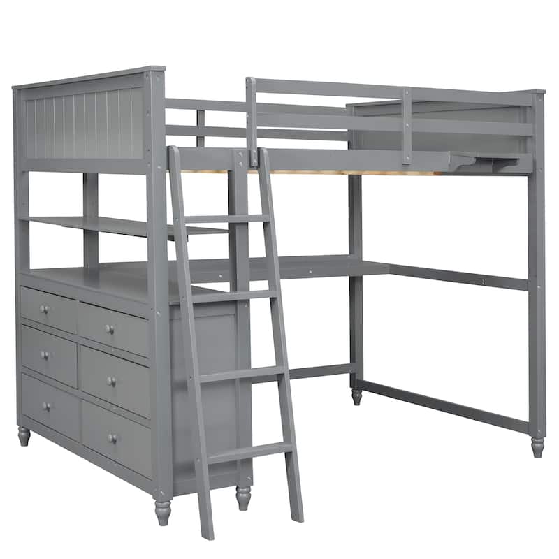 Full Size Loft Bed with Drawers and Desk, Wooden Loft Bed with Shelves - White