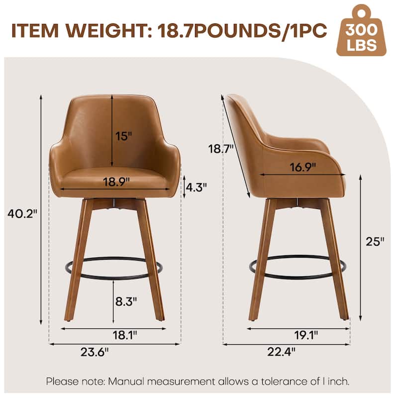25 Inch Upholstered Swivel Counter Height Bar Stool with Armrests, Solid Wood Legs - 23.6"W x 22.4"D x 40.2"H