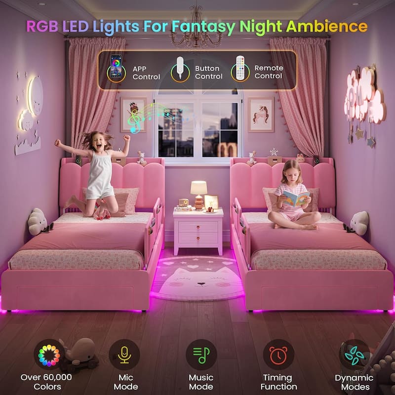 LED Bed Frame Storage DrawerSafety Guardrails Velvet Princess Platform Bed Kids