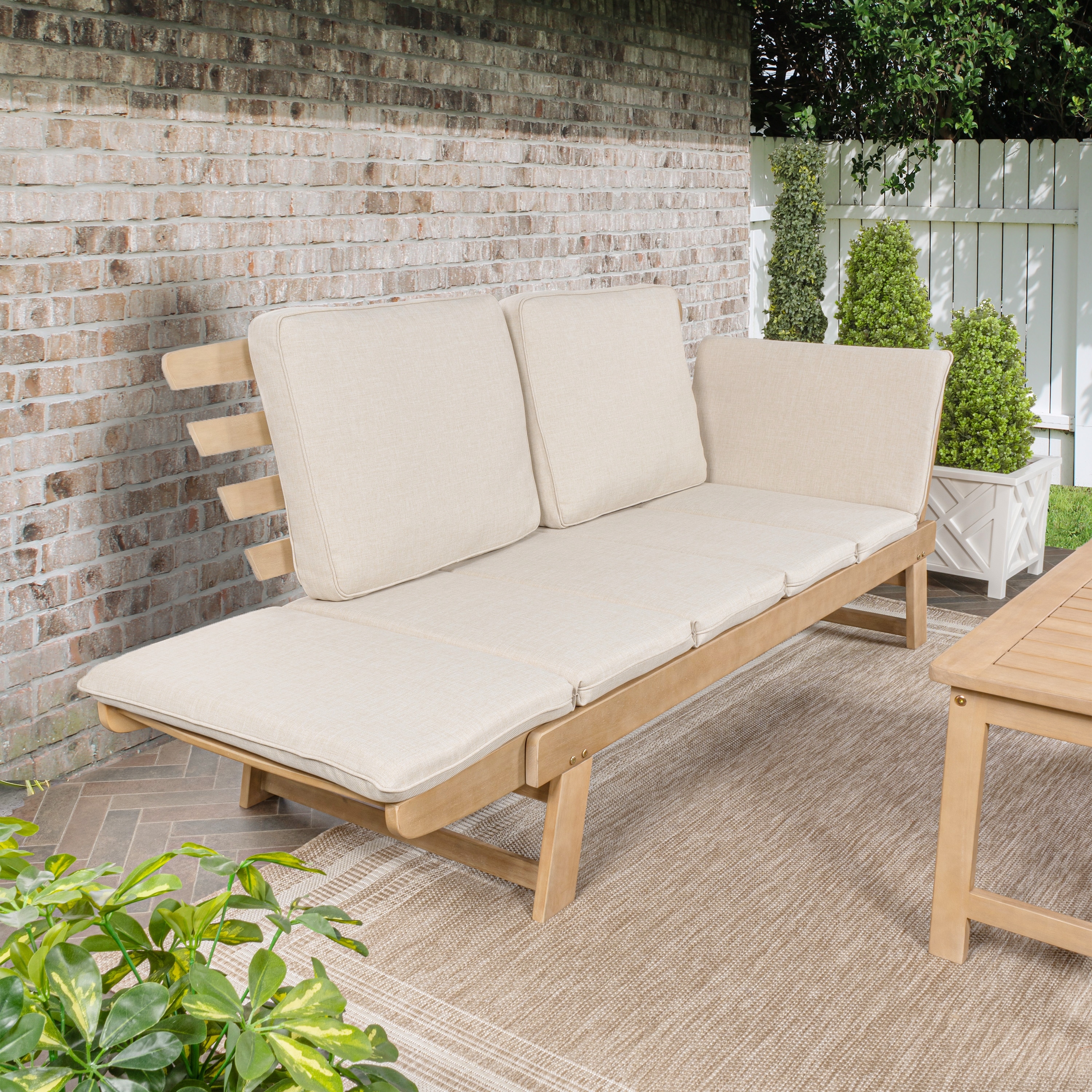 Hartley Coastal Eucalyptus Wood Convertible Outdoor Sofa Daybed with Foldable Arms & Cushions for Patio and Backyard