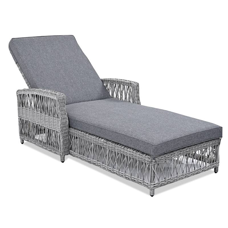 Outdoor Wicker Reclining Chaise Adjustable Pool Lounger with Cushion