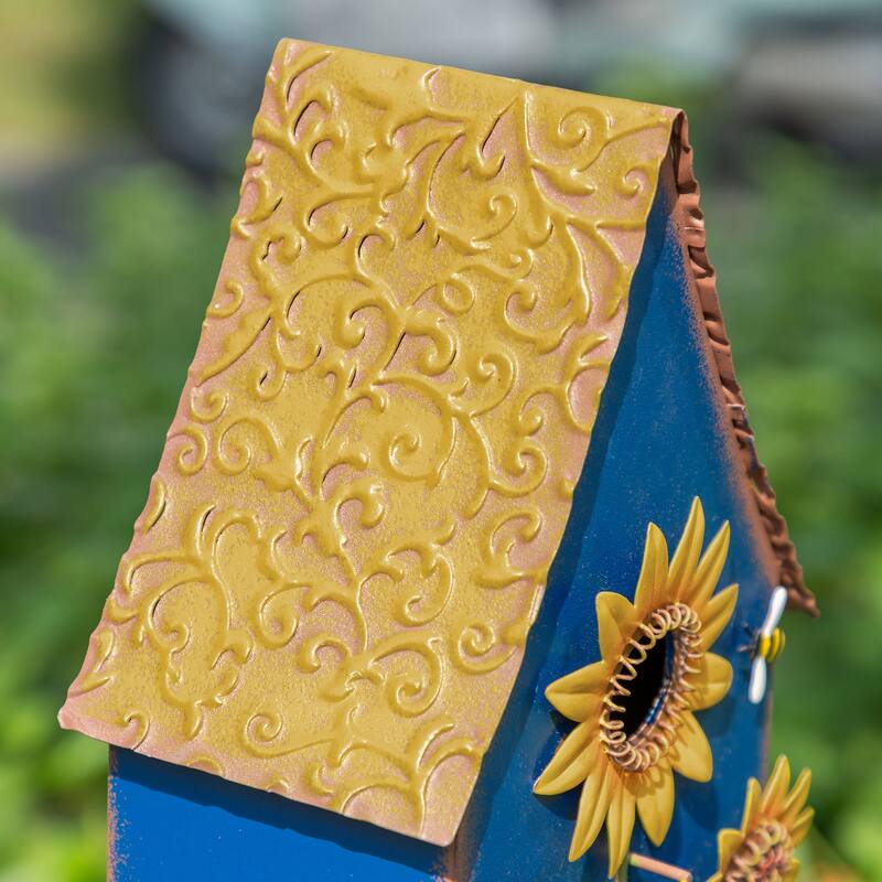Glitzhome 52.5''H Blue Green Metal Sunflower Decorative Garden Birdhouse with Stake