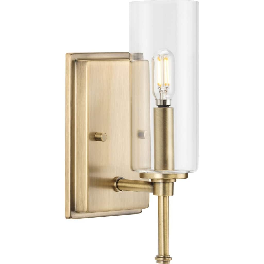 Elara Collection One-Light Vintage Brass Clear Glass Bath Vanity Light - 4.75 in x 5 in x 11.5 in