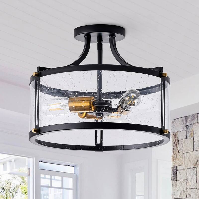 Farmhouse Matte Black 3-Light Semi Flush Mount Ceiling Lighting Fixture with Drum Seeded Glass Shade