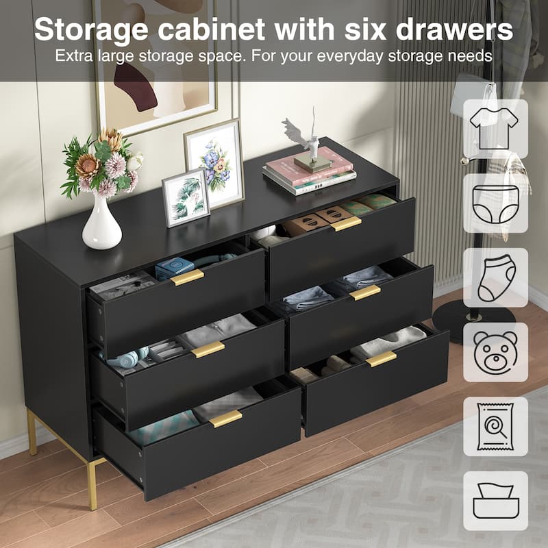 Anmytek Modern 6-Drawer Double Dresser Black Wood Chest of Drawers Storage Organizer for Bedroom