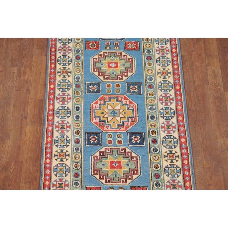 Blue Kazak Runner Rug Hand-Knotted Wool Carpet - 2'9" x 9'3"