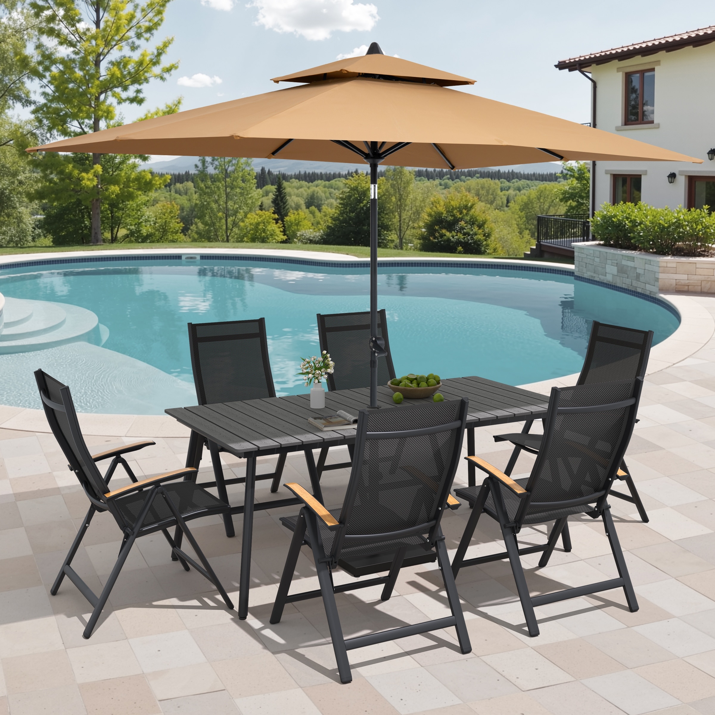 9/11-Piece Outdoor Aluminum Patio Dining Set w/10 ft Umbrella and Base, Rectangle Table and Folding Chairs