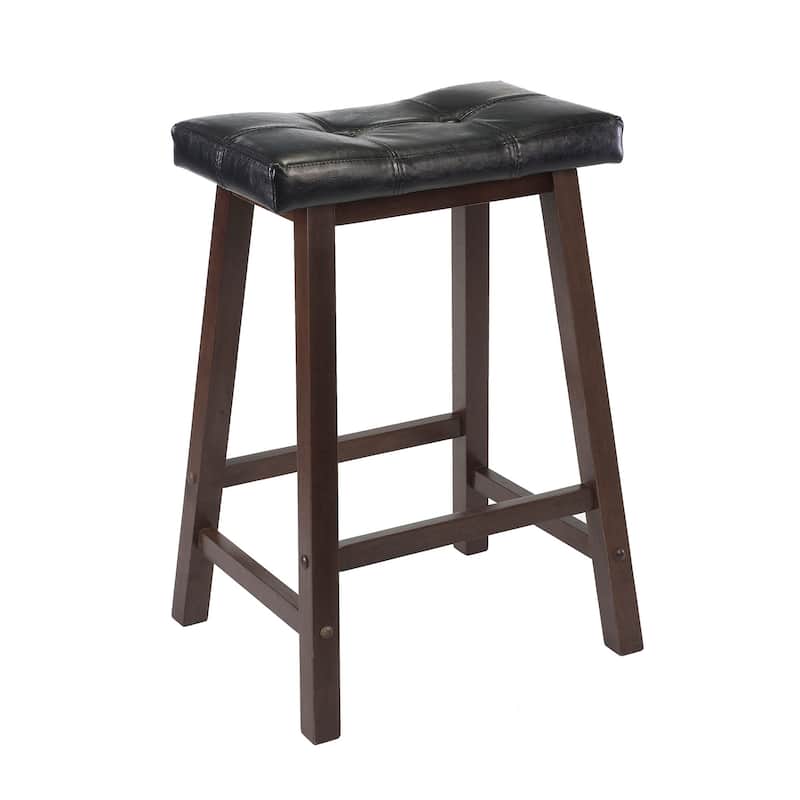 24.75" Black Faux Leather Saddle Seat Stool with Wood Legs