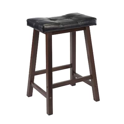 24.75" Black Faux Leather Saddle Seat Stool with Wood Legs