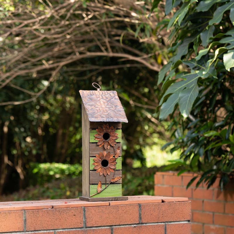 Glitzhome 14.5"H Two-Tiered Distressed Solid Wood Cottage Birdhouse with Flowers - 14.5"
