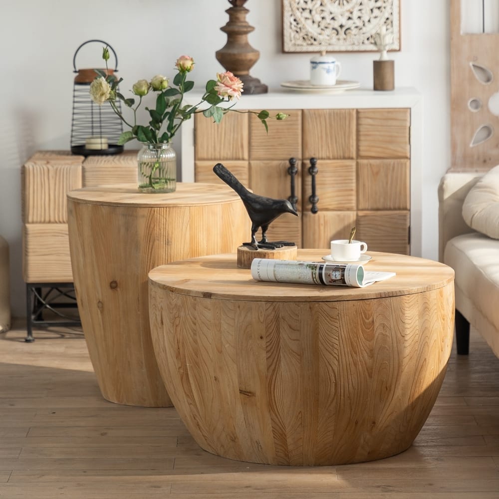 Vintage Style Bucket Drum Shaped Wooden Coffee Table
