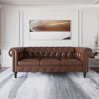 83" Deep Button Tufted PU Leather Upholstered Loveseat Sofa Classic Chesterfield Sofa