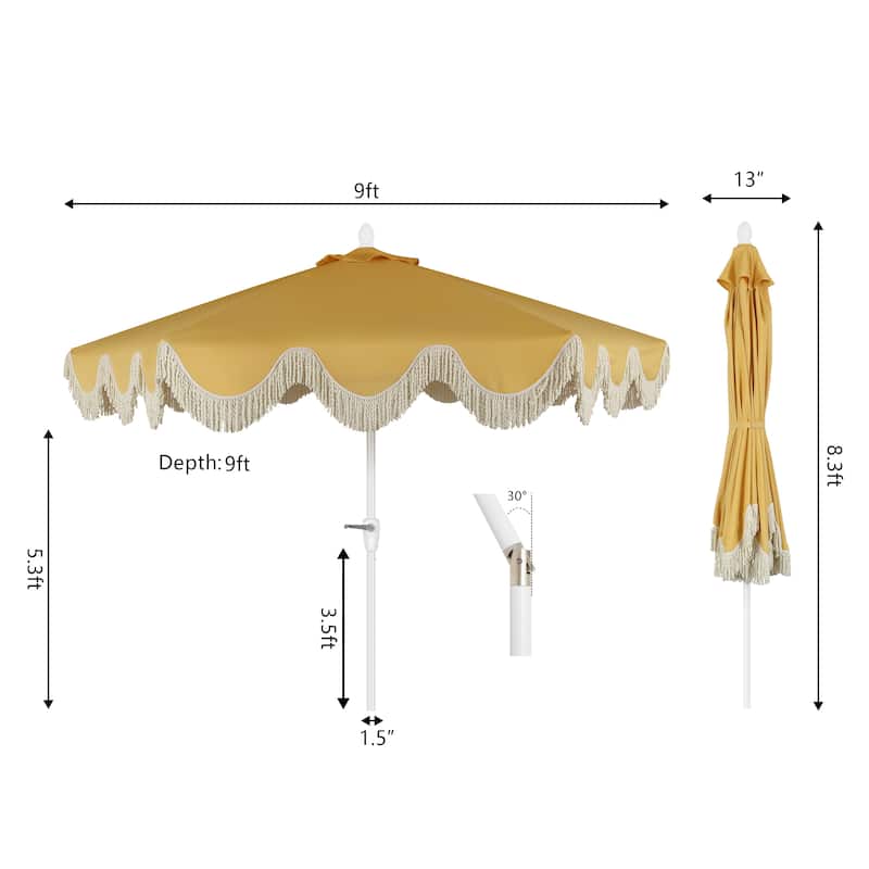 9ft Tassel Patio Umbrella Auto-Tilt, Crank , by JONATHAN Y