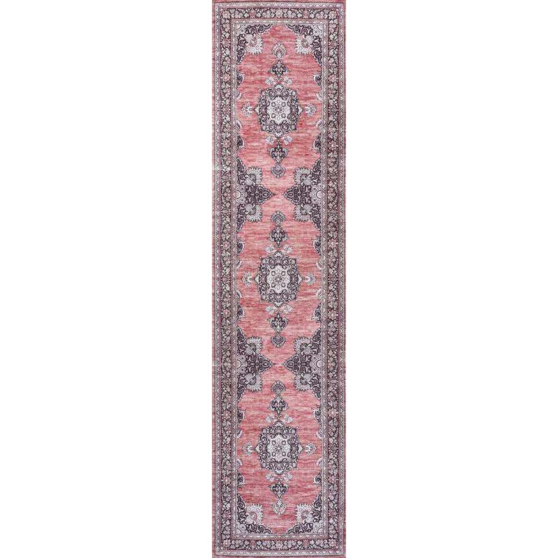 JONATHAN Y Wincer Bohemian Distressed Chenille Machine-Washable Area Rug - 2 X 8 - Dark Pink/Black/White