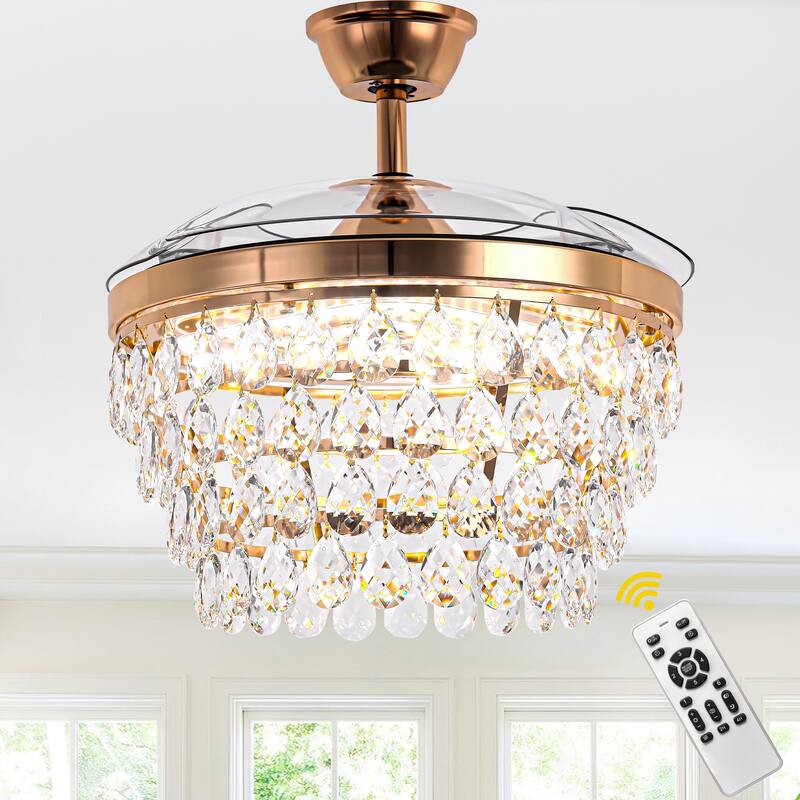 Bella Depot 42" Retractable Crystal Ceiling Fan with Light and Remote 6-Speed Reversible Fan