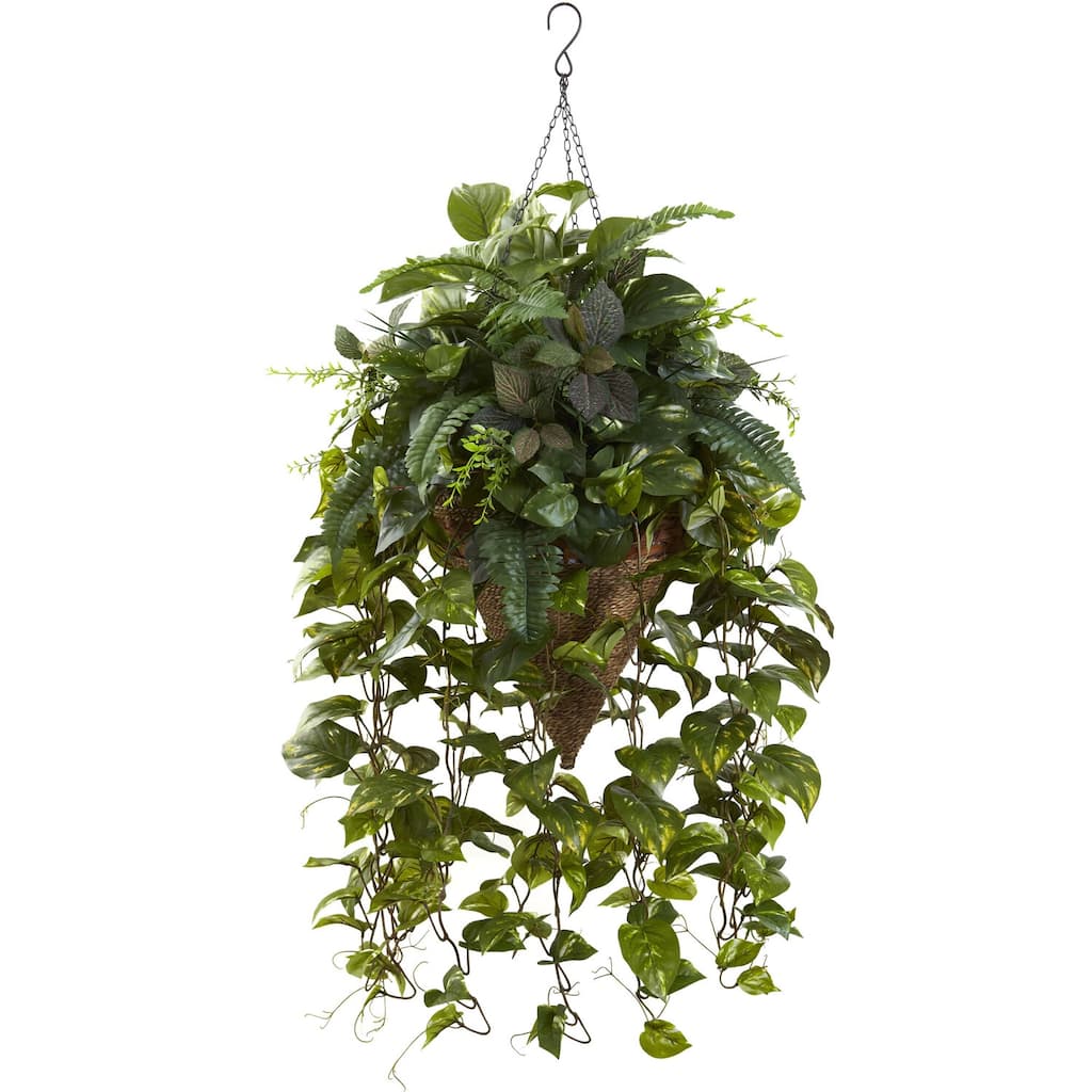 Hanging Basket Greenery - Realistic Mixed Greens Plant Decor - Indoor Outdoor Home Office Decor - 36 Inch Tall